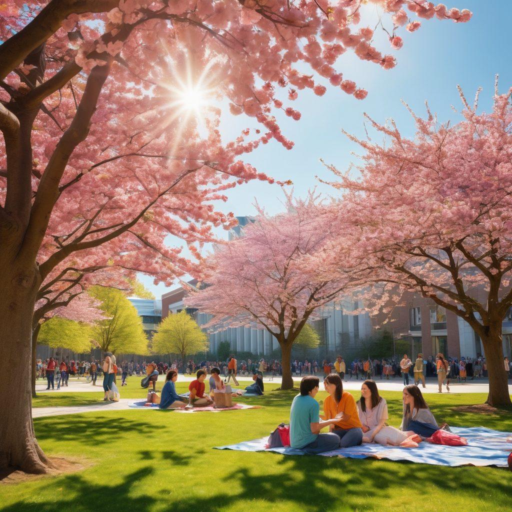 A lively scene on a university campus showcasing diverse students engaging in joyful activities like studying under a tree, playing frisbee, and sharing laughs at a picnic. Colorful banners representing clubs and events hang around, with a backdrop of cherry blossom trees in full bloom. Bright sunlight bathes the scene, highlighting friendship and community spirit. super-realistic. vibrant colors. cheerful atmosphere.