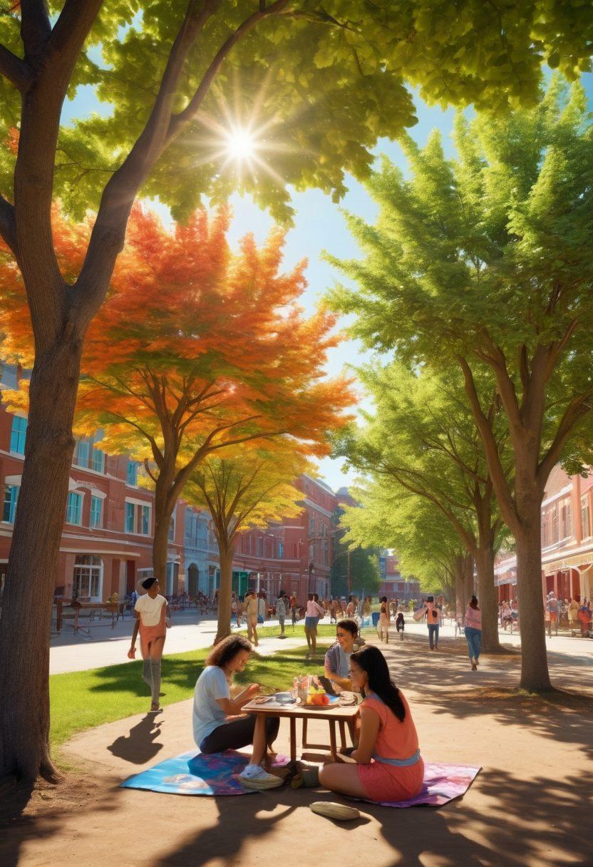 A vibrant campus scene at Rochville University, showcasing diverse students engaging in joyful activities like picnics, studying under trees, and playing frisbee. The background features colorful buildings and blooming flowers, creating a lively atmosphere. Sunlight filters through the leaves, casting playful shadows. Include happy expressions on students' faces to represent satisfaction in their academic community. super-realistic. vibrant colors. 3D.