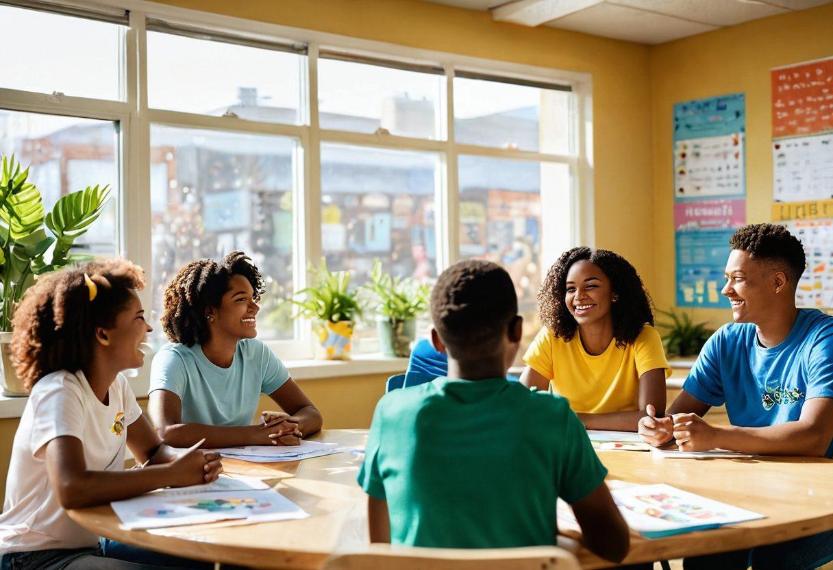 A colorful classroom filled with diverse and happy students engaging in various interactive learning activities, surrounded by cheerful decorations like motivational posters and plants. Soft sunlight streams through large windows, creating a warm and inviting atmosphere. A teacher smiles while facilitating a group discussion at a round table. The scene conveys joy, collaboration, and support. vibrant colors. super-realistic.